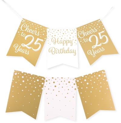 Q2P - 25 Jaar Versiering - Slingers - Verjaardag Versiering - Decoratie - Wit & Goud - Vlaggenlijn - 1 Stuk
