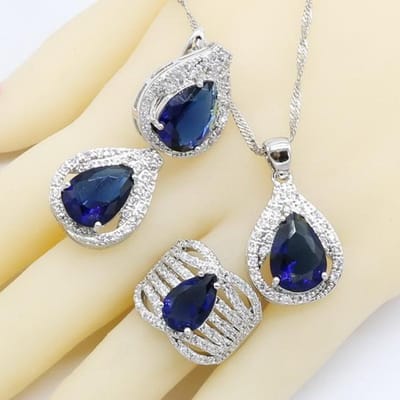 Koninklijk Blauw Semi-Precieuze Kleur Bruids Sieraden Sets Voor Vrouwen Armband Hoepel Oorbellen Ketting Hanger Ringen Cadeau Doos 8 gray