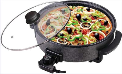 Bavary® Hapjespan - Elektrische Hapjespan 42 cm x 9 cm diep - Pizza pan - Regelbare thermostaat - Met deksel - Paella pan - Zwart