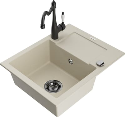 Mexen Enzo granieten spoelbak 1-komers met afdruiprek en keukenkraan Carla, beige - 6506-69-670700-70