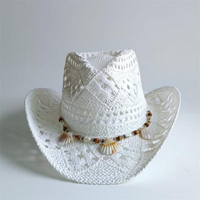 Chapeau de Paille Bohème d'Été Coquillage Plage Femmes Hommes Chapeaux de Cow-boy Perles en Bois Ajouré Western Large Bord Chapeau de Soleil Casquette de Vacances 55-58CM white