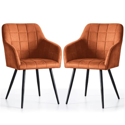 Set van 2 Eetkamerstoelen LUXANO met Armleuningen / Gestoffeerde Stoelen / Fluwelen Stoelen en Metalen Poten / Koperkleur met zwarte benen