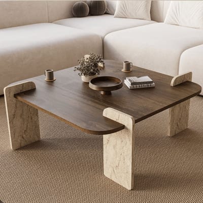 Dimehouse Japandi salontafel walnoot met travertin - melamine -90 x 90 cm - Alfro - 90 x 90 x 40 cm - Hout - Japandi - Vierkant
