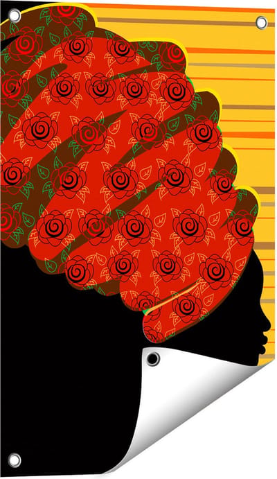 Gards Tuinposter Afrikaanse Vrouw met Bloemen Tulband - Abstract - 40x60 cm - Tuindoek - Tuindecoratie - Wanddecoratie buiten - Tuinschilderij