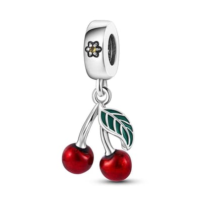 Fler® | Bedel | Past op populaire bedelarmbanden (standaard - 3mm) | Kersen Bedel | Hangbedel Charm | 925 sterling zilver | Gele zirkonia | Rode & Groene emaille | Valentijnsdag Cadeau | Sinterklaas kado | Kerstcadeau | Verjaardagsgeschenk | Vriend