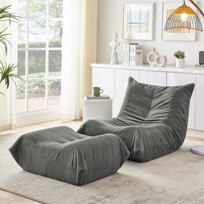 OKWISH Zitzak Loungestoel – 1-Zits Met Rugleuning En Voetenbank – Schuimvulling – Zachte Teddy Bekleding – Voor Woonkamer Slaapkamer – Grijs