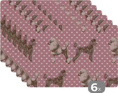 Placemat - Placemats kunststof - Hart - Poedel - Patroon - 45x30 cm - 6 stuks - Hittebestendig - Anti-Slip - Onderlegger - Afneembaar