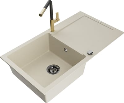 Mexen Leo granieten spoelbak 1-komers met afdruiprek en keukenmengkraan Flora, beige - 6501-69-670401-57-B