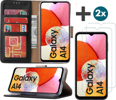 Samsung Galaxy A14 (5G/4G) hoesje - bookcase met pasjeshouder + 2x Screenprotector tempered glass - Zwart