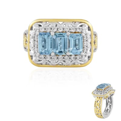 Cavill - 925 Sterling Zilveren Ring met 3x 1,35 ct Aquamarijn & 24x 0,432 ct Zirkonia - Palladium - Achthoekige Smaragdslijping - Vintage Elegant