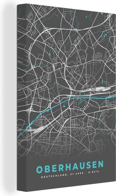 Canvas Schilderij Blauw – Duitsland – Plattegrond – Stadskaart – Kaart – Oberhausen - 20x30 cm - Wanddecoratie