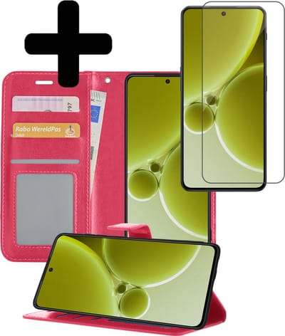Hoesje - Met Screenprotector - Geschikt voor OnePlus Nord 3 - Luxe Pasjeshouder - Bookcase Portemonee - Flip Case - Kunstleer Book Case - Flipcase - Book Cover - Walletcase - Portemonneehoes - Telefoonhoesjes - Donkerroze