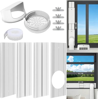 Airco Raamafdichting Voor Rolluiken | 4 Verstelbare Verdikte PVC Panelen | Universele 13/15cm Afvoerslang Adapter | 43-140cm Voor Verticaal & Horizontaal Schuifraam | Naadloze Rail Luchtdicht Energiebesparend | Zonder Gereedschap| Cyslmuk®