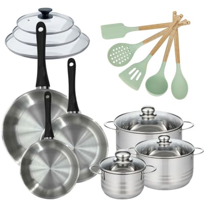 Set van 3 Pannen 20/24/28cm en 3 Kookpotten 16/20/24cm Fackelmann Genève met 5 keukengerei
