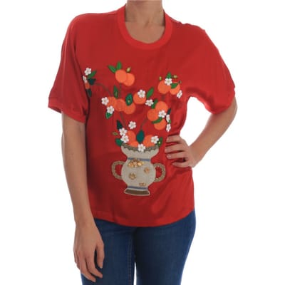 Dolce & Gabbana Dames Rode Zijde Sinaasappel Bloemen Kristallen Blouse