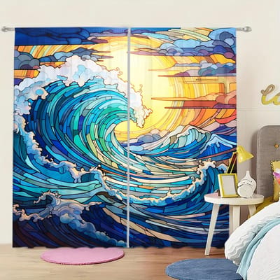 2 stuks Gebrandschilderd Glas Golven Bedrukte Gordijn voor Huisdecoratie - Tunnel voor Roede Raambekleding voor Slaapkamer, Kantoor, Keuken 52.5cmX116cm X 2pcs blue