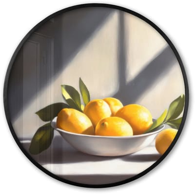 Poster in lijst Rond - Fotolijst 60x60 cm - Posters - Citroenen - Stilleven - Geel - Ronde posterlijst zwart - Decoratie - Wanddecoratie woonkamer - Muurdecoratie slaapkamer