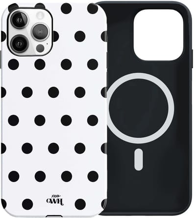 xoxo Wildhearts Polka Dots (Wit) - Double Layer - Magnetisch hoesje geschikt voor iPhone 12 Pro MagSafe - Hard case met stippenpatroon - Beschermhoes - Shockproof case - Stippatroon - Wit / Zwart