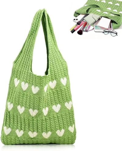 Stijlvolle gebreide schoudertas, 38 x 35 cm, hartvormige tote bag, gehaakte tas voor tieners, trendy geweven tas in groen, perfect voor strand en dagelijks gebruik