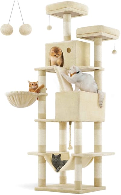 CORE Krabpaal - Krabmeubel - Kattenboom - Krabpilaren - Met hangmat - 2 Platformen - 2 Huisjes - 1 Mandje - Pluche ballen - 60x50x206cm - Beige