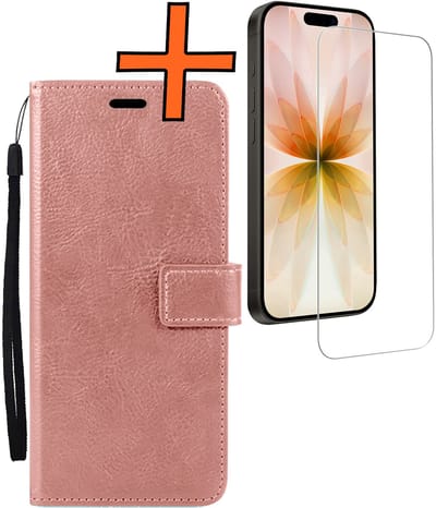 Hoes - Met Screenprotector - Geschikt voor Apple iPhone 17 - Luxe Pasjeshouder - Bookcase Portemonee - Flip Case - Kunstleer Book Case - Flipcase - Book Cover - Walletcase - PortemonneeHoes - Rosé goud