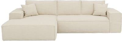 Vente-unique Express-hoekslaapbank met hoek links van beige ribfluweel - Bed 140 cm - Matras 13 cm met vormgeheugen - AMELIA