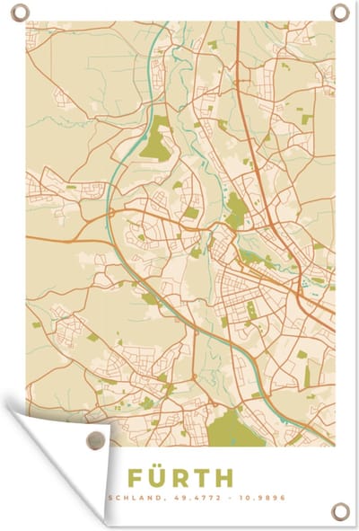 Muurdecoratie Plattegrond - Fürth - Vintage - Stadskaart - Kaart - 120x180 cm - Tuinposter - Tuindoek