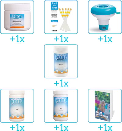 Zwembad Onderhoudspakket - Onderhoud Zwembad - bevat Chloor - Testrips - Chloordrijver - Chloor - PH-min - PH-plus en Zwembadgids (7-delig)