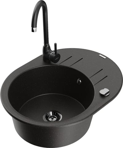 Mexen Kevin granieten gootsteen 1-koerig met afdruiprek en keukenkraan Telma, zwart/goud metallic - 6517-75-670200-70-B