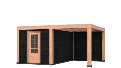 Douglas overkapping, 500 x 400, met achterwand en schuur, Westwood Modern Basic zwart