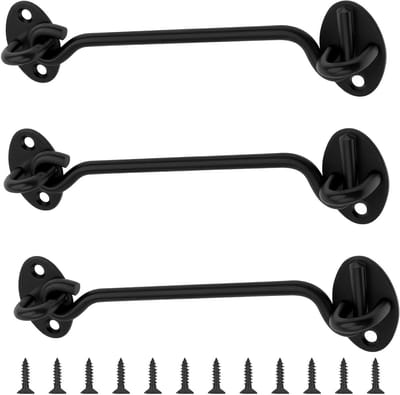 3-Pack Storm Hooks 15cm met Oog, RVS Deursluiting en Zwarte Tuindeurslot, Inclusief 12 Schroeven voor Deuren, Ramen en Kasten