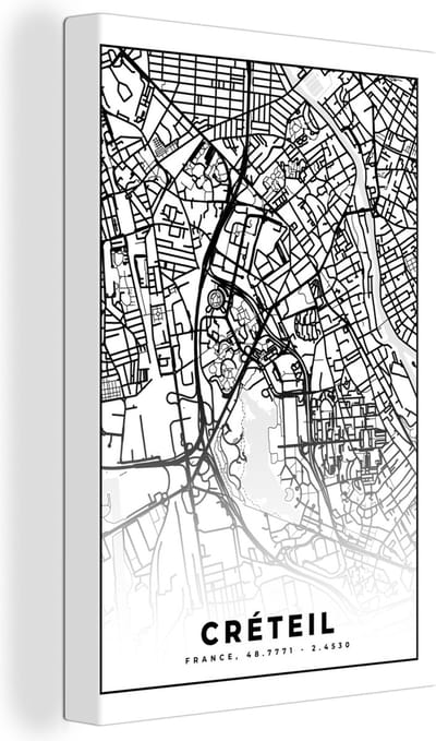 Canvas Schilderij Stadskaart - Créteil - Plattegrond - Kaart - Frankrijk - Zwart wit - 20x30 cm - Wanddecoratie