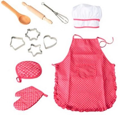 Set van 11 stuks - Keukenschort - Keuken - Kinder kookschort gereedschapsset - roze rood - 28*23.5*2.8cm - doek