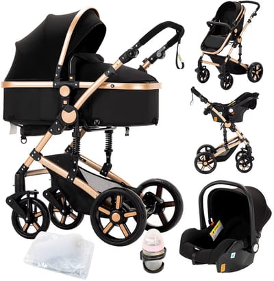 3-in-1 Kinderwagen met Autostoel en Reiswieg – Opvouwbaar – Verstelbare Rugleuning – Zwart / Goud