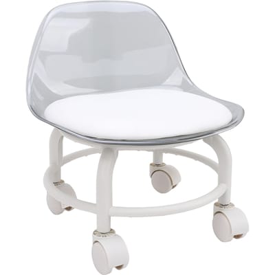 Tabouret roulant bas avec roues Support dorsal Petit Acrylique Court Silencieux Mini Siège à roulettes Transparent white