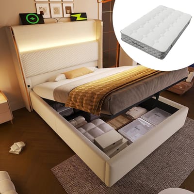 Pugsdrly Modern hydraulisch bed met hoog hoofdeinde, eenpersoonsbed 90 x 200 cm met ledverlichting, opbergruimte en USB/Type-C-poorten, beige linnenlook (met matras)