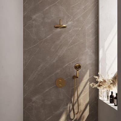 Brauer Gold Edition thermostatische inbouw regendouche 3-weg rond SET 81 met 20 cm douchekop en gebogen muurarm en 3-standen handdouche en doucheslang en wandaansluitbocht goud geborsteld PVD