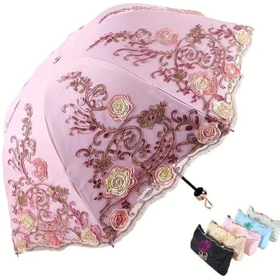 1pc Parasol Broderie Dentelle Anti-UV Pliant UPF50+ Broderie Fleurs Vintage Parapluie Princesse Parapluie Cadeau white