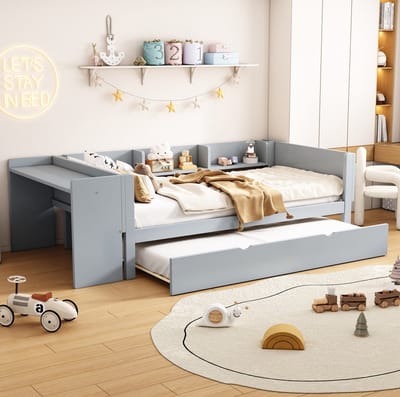 MEUNIQ kinderbed 90x200 cm met uitschuifbaar bed, bureau en 3 zijplanken, bedframe met lattenbodem voor kinderkamer, grijs