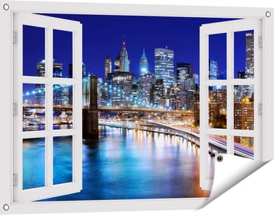 Gards Tuinposter Doorkijk Skyline New York in het Centrum - 90x60 cm - Tuindoek - Tuindecoratie - Wanddecoratie buiten - Tuinschilderij