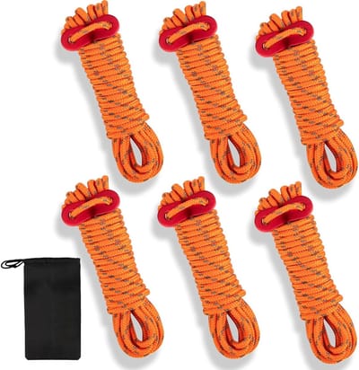 Reflecterende Bindlijnen met Spanner, 4m Nylon Touw voor Kamperen, Luminous Guyline voor Zonnescherm en Tent (6 Stuks Oranje)