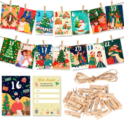 Dailygoods- Adventskalender 2025 - Kerstkalender voor Vriendin - 24 Kaarten - Houten Klemmen - Ideaal voor Kerstdecoratie