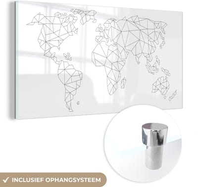 ® Glasschilderij 120x60 cm - Schilderij acrylglas - Wereldkaart - Lijn - Zwart - Wit - Foto op glas - Muurdecoratie woonkamer - Wanddecoratie slaapkamer - Schilderijen