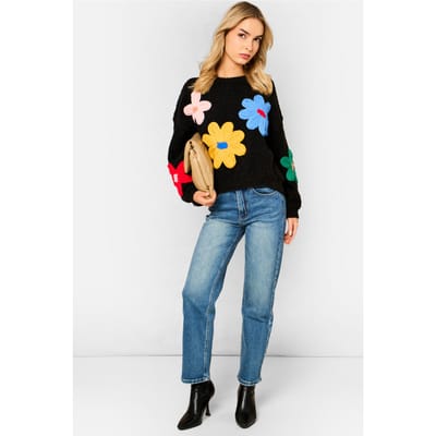 Zwarte 3D-trui met gehaakte bloemen