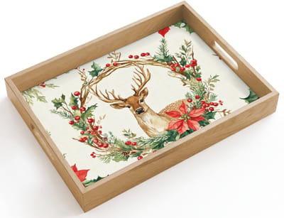 Dienblad hout 40x30 cm - Schootdienblad - Kerstkrans - Hert - Hulst - Rood - Borrelplank rechthoek - Plateau dienbladen