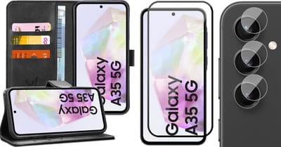 Hoesje geschikt voor Samsung Galaxy A35 - Screenprotector Volledig Dekkend Glas & Camera - Portemonnee Book Case Zwart