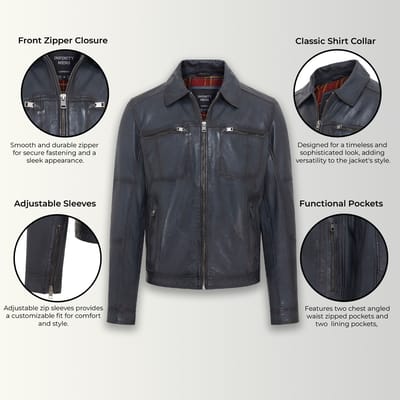 Heren Blauw Klassiek Leren Bikerjack - Bettles