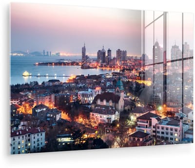 ® Glasschilderij 180x120 cm - Schilderij acrylglas - Uitzicht over Qingdao in de avond - Foto op glas - Muurdecoratie woonkamer - Wanddecoratie slaapkamer - Schilderijen