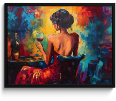 Poster in lijst - Fotolijst 70x50 cm - Posters - Wijn - Vrouw - Sfeervol - Kleurrijk - Posterlijst zwart - Decoratie - Wanddecoratie woonkamer - Muurdecoratie slaapkamer