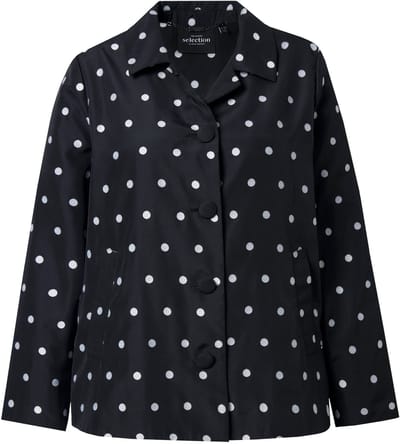 Ulla Popken - Dames - Jacquard jas stippen A-lijn overhemdkraag lange mouwen - Zwart - Maat 54+